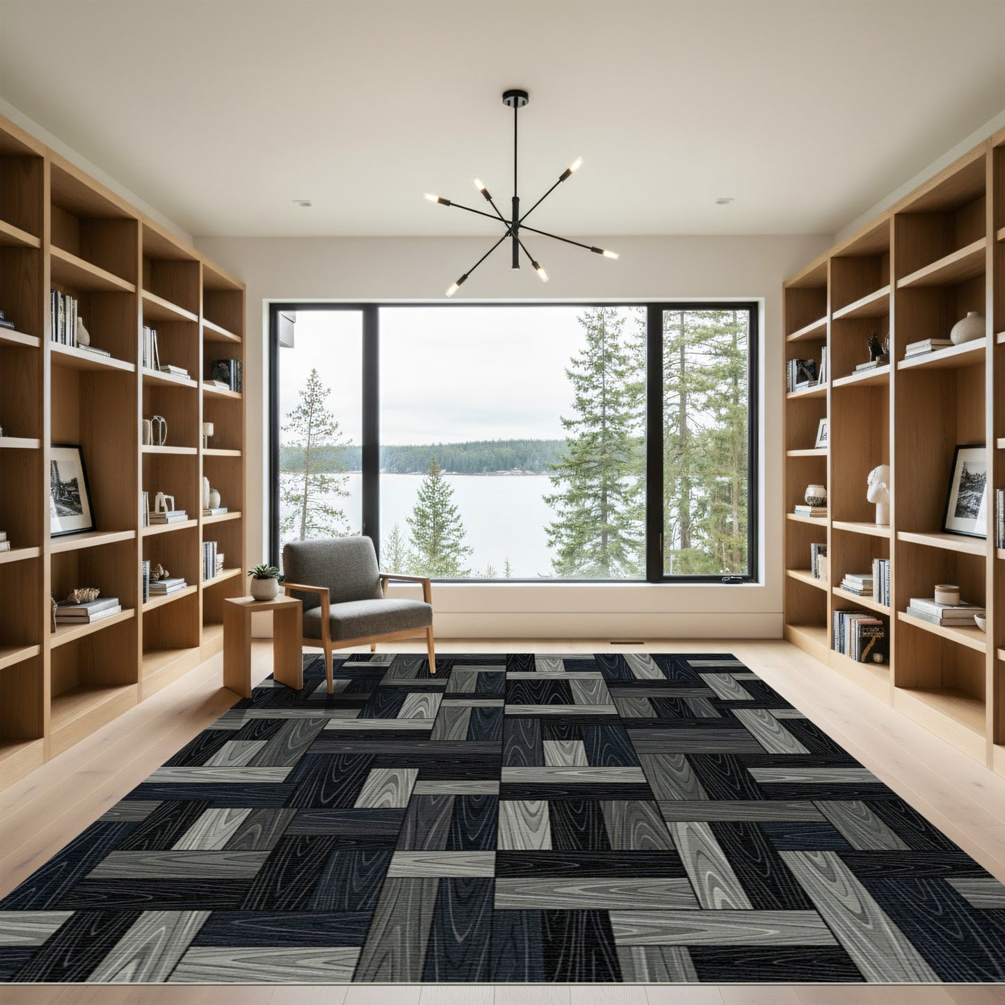 Dark Gray Wood Plank Parquet Rug