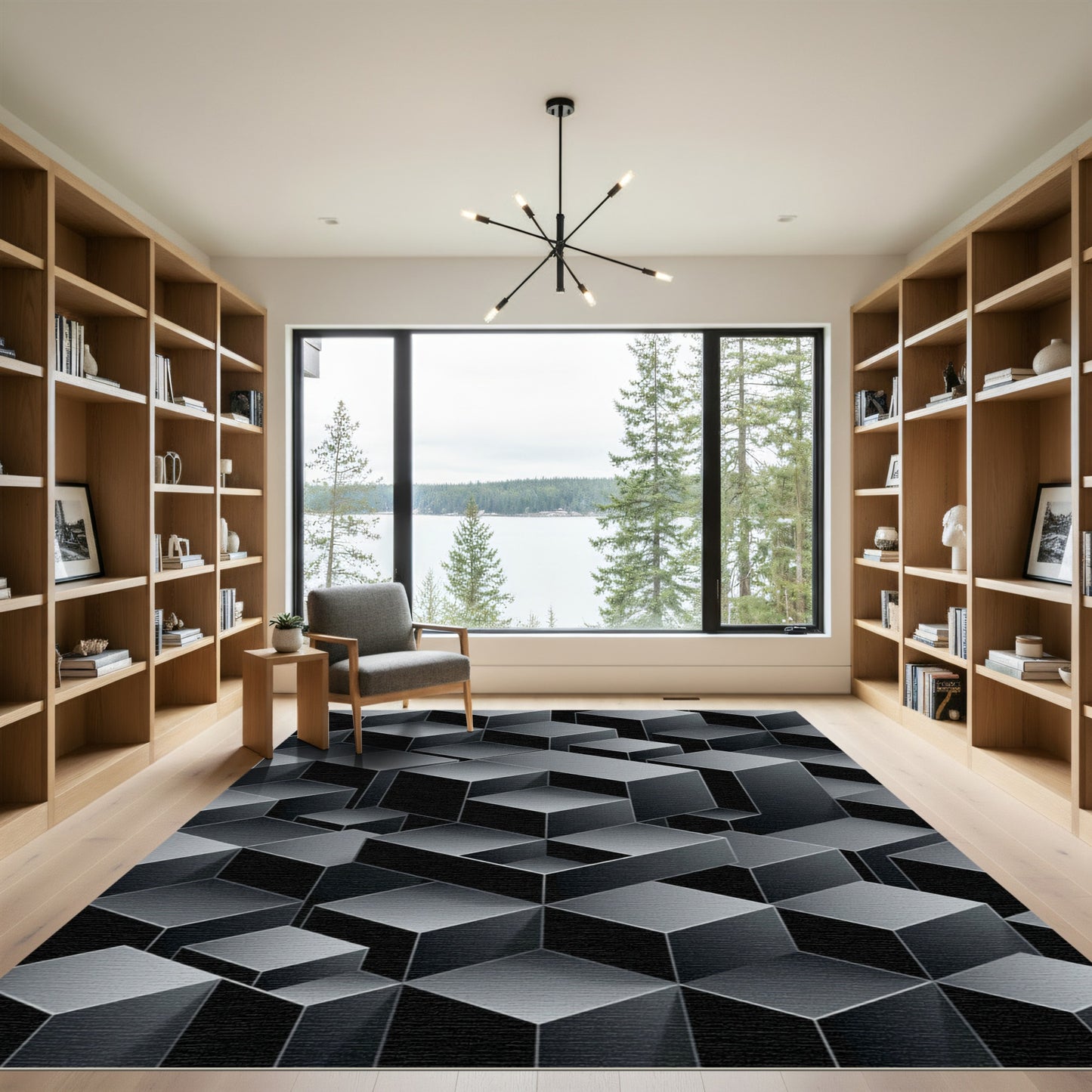 Dark Gray Geometric Cube Illusion Rug