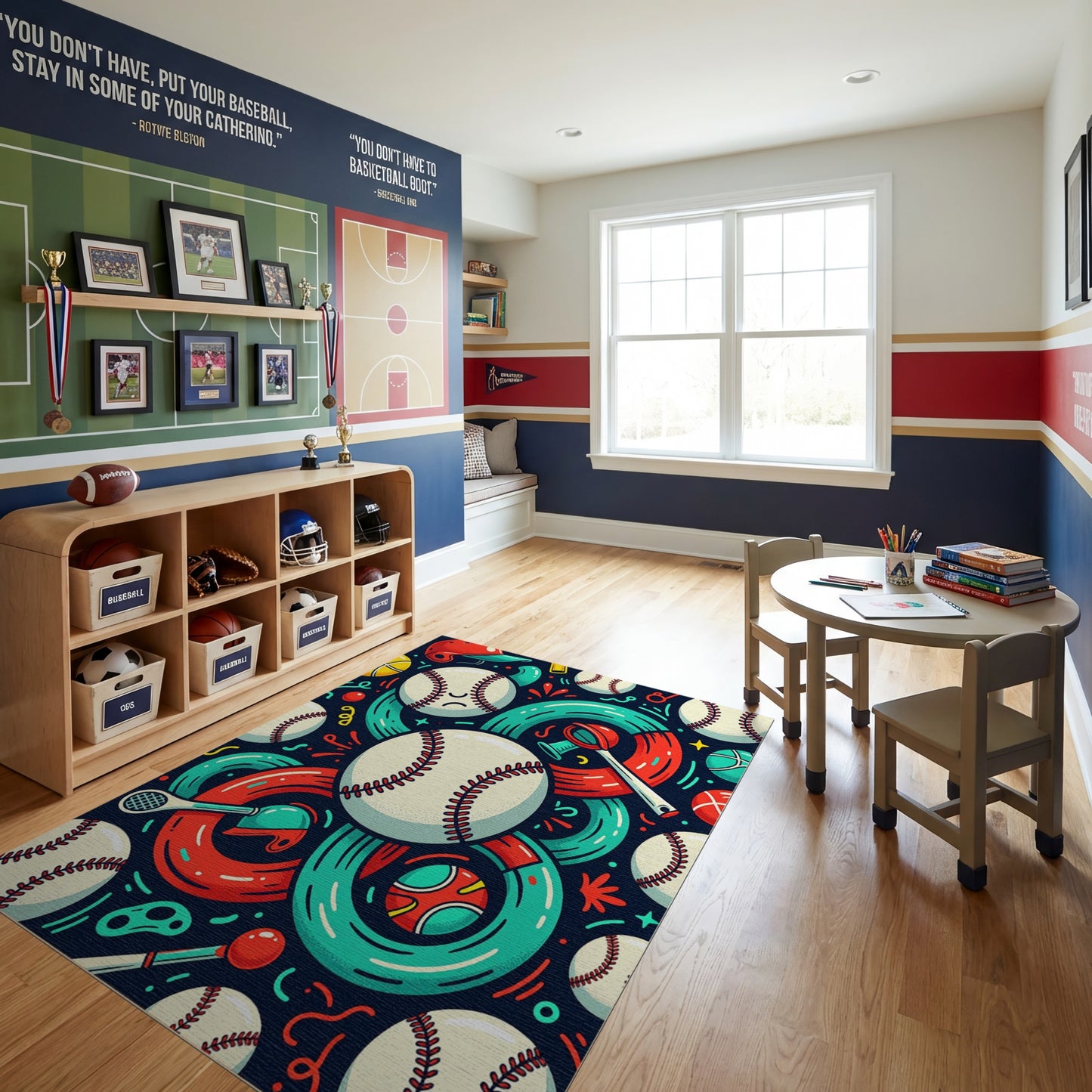 Whimsical Baseball Bats Rings Helmets Rug