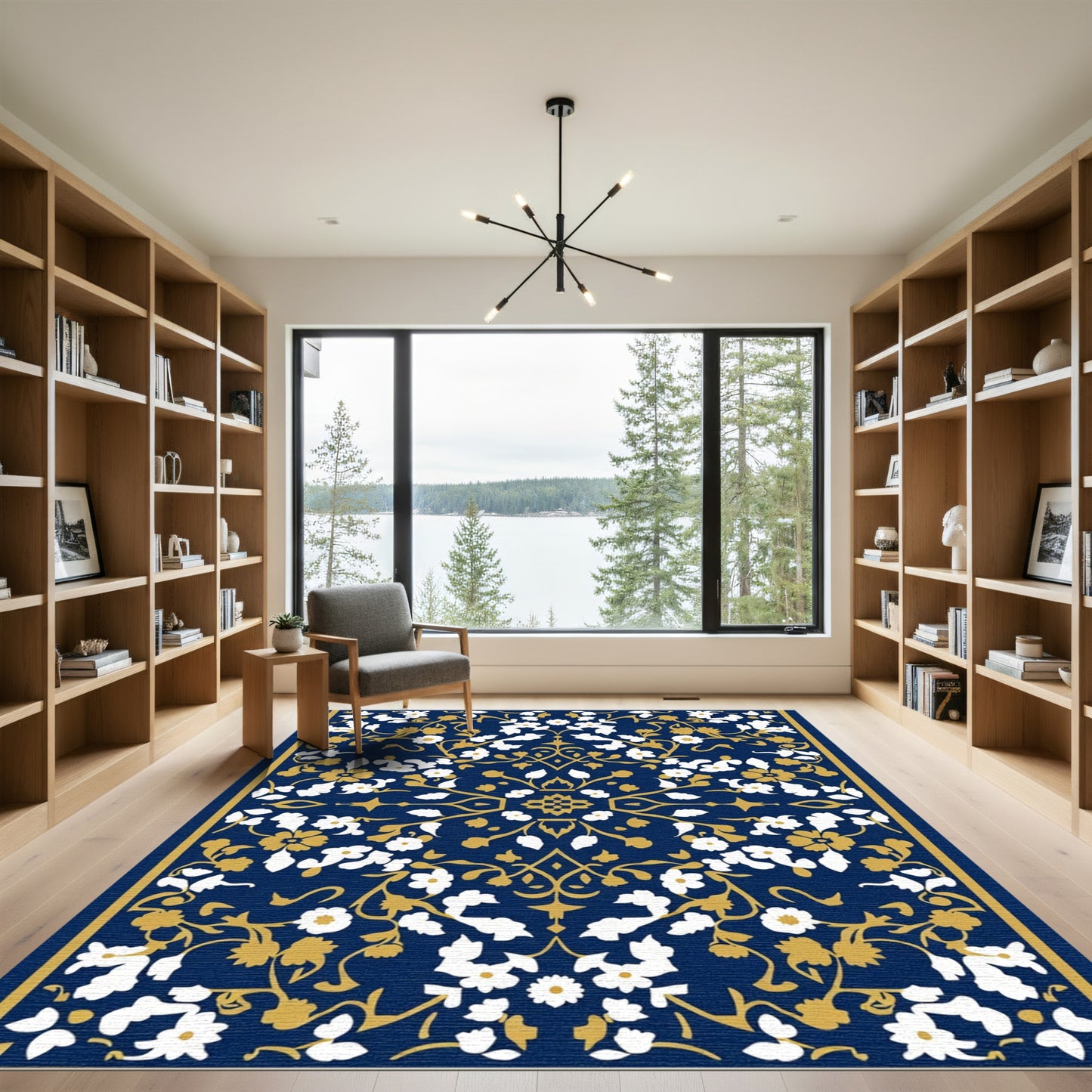 Deep Blue Golden Floral Scroll Rug