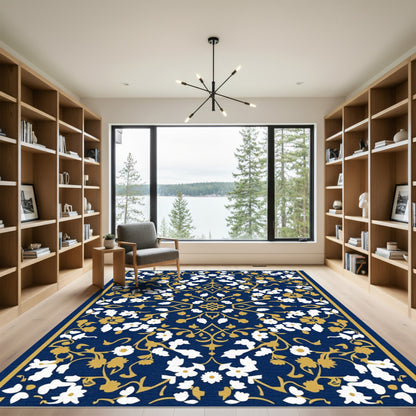 Deep Blue Golden Floral Scroll Rug