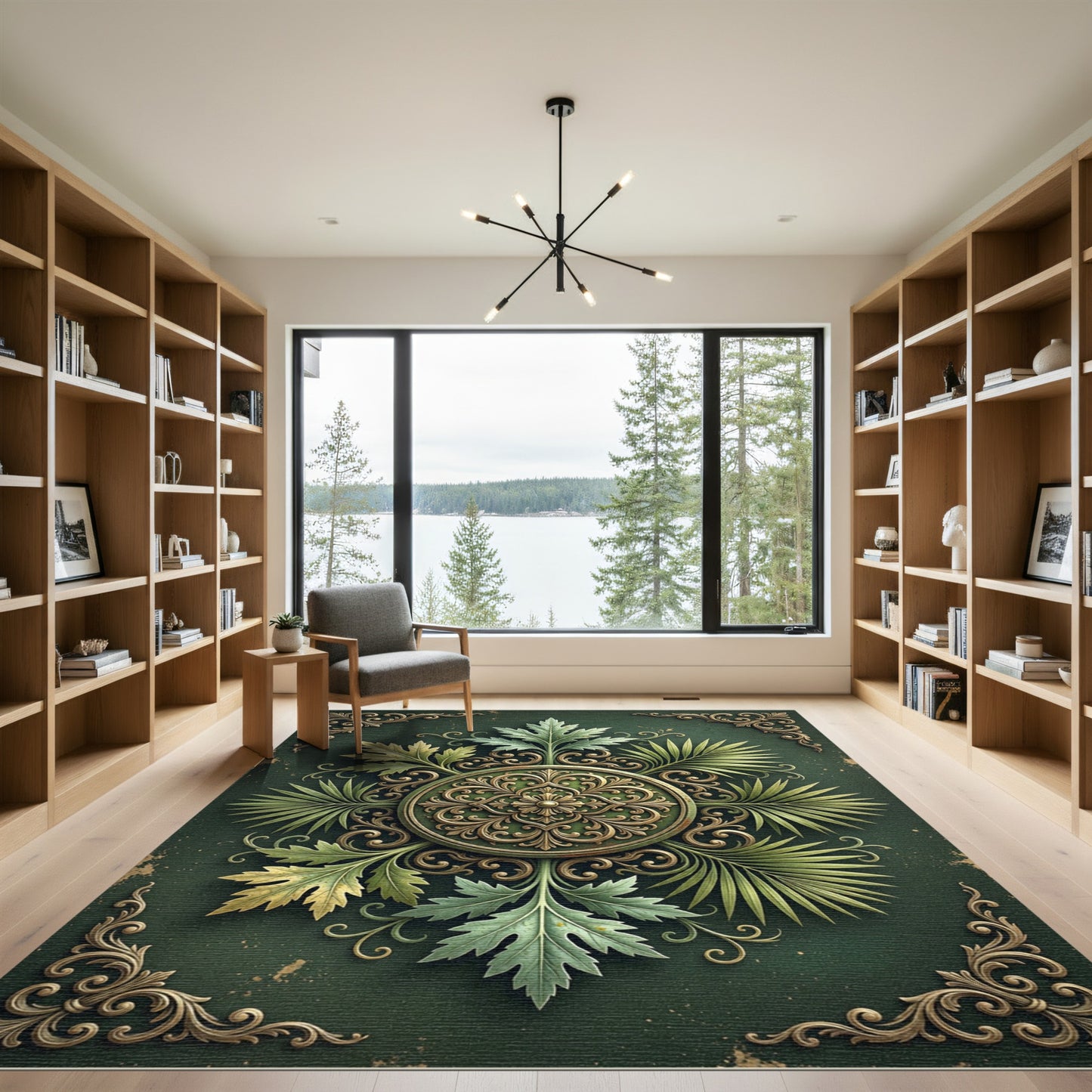 Ornate Green Leaf Mandala Medallion Rug