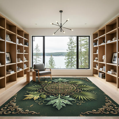 Ornate Green Leaf Mandala Medallion Rug