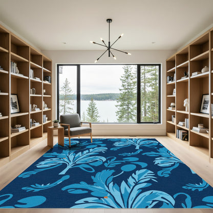 Deep Blue Leafy Botanical Arrangement Rug