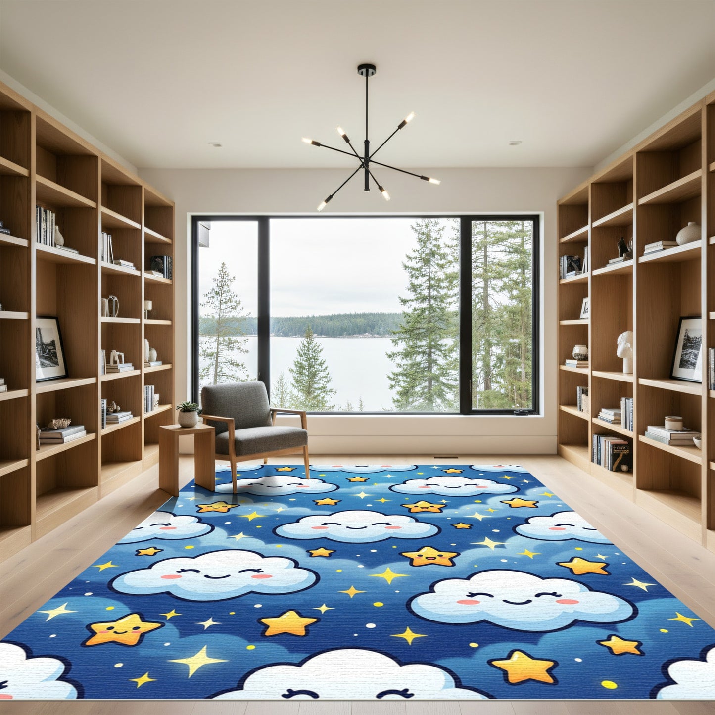Whimsical Smiling Clouds and Golden Stars Rug