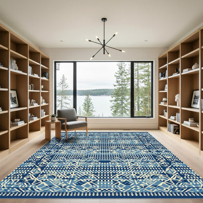 Indigo And Cream Geometric Tribal Rug