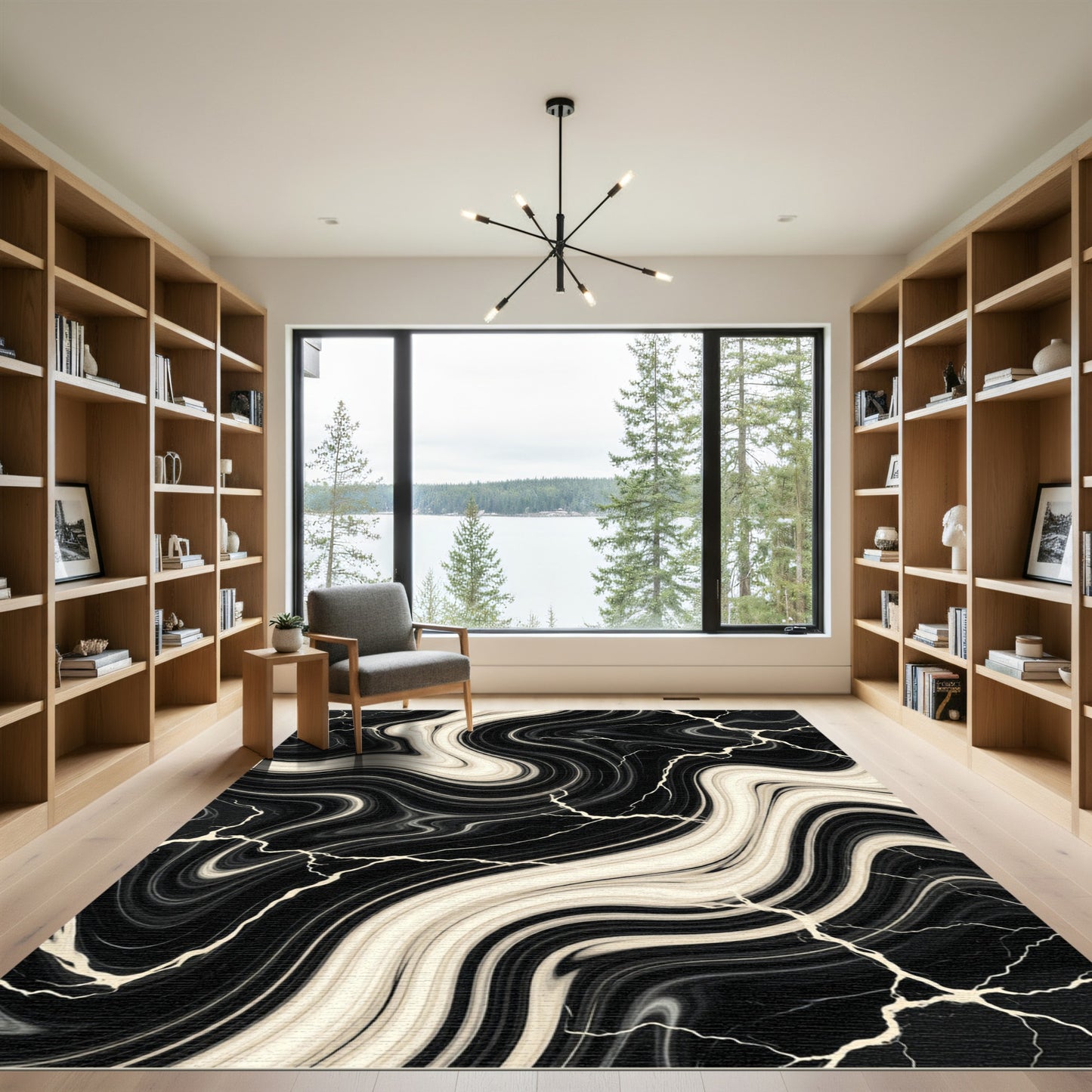 Black and Cream Liquid Marble Swirl Rug