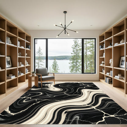Black and Cream Liquid Marble Swirl Rug