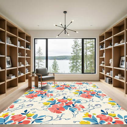 Coral Yellow Blue Floral Vine Rug