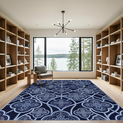 Indigo Damask Quatrefoil Lattice Interlocking Rug