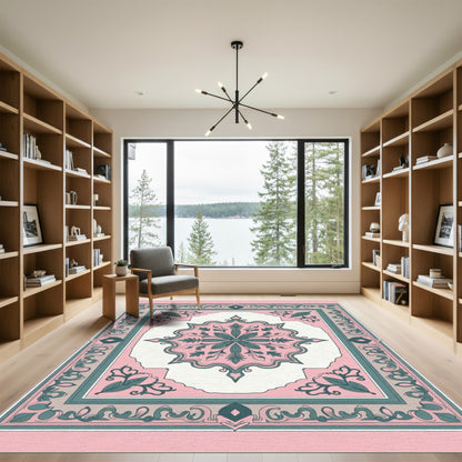 Pink Teal Floral Medallion Square Rug