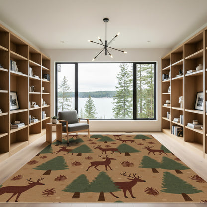 Brown Deer Pine Forest Seamless Pattern Rug