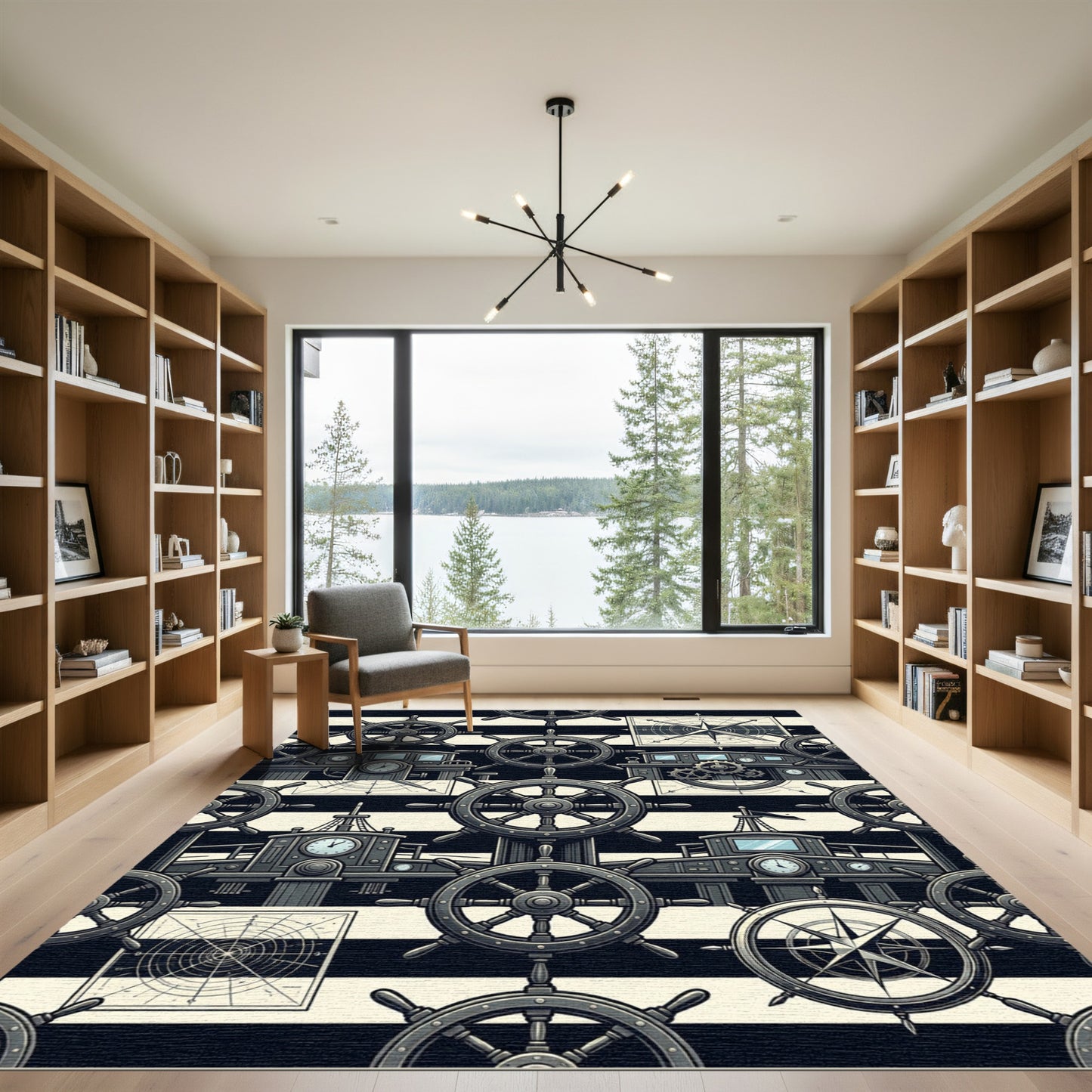 Nautical Black and White Helm Compass Rug