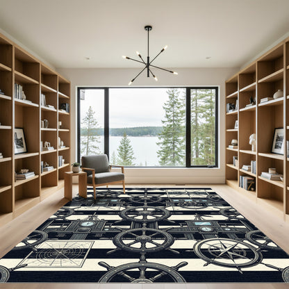 Nautical Black and White Helm Compass Rug