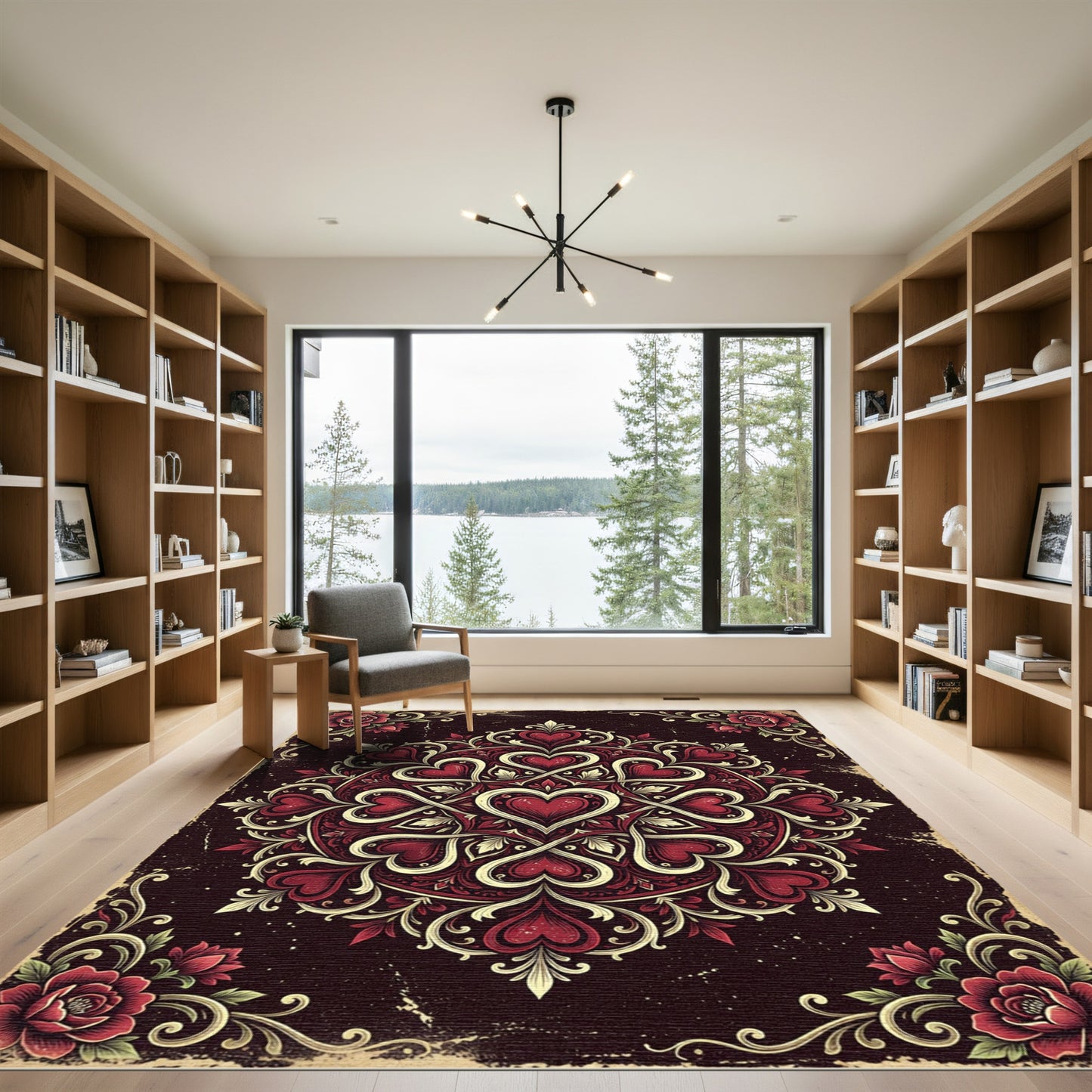 Ornate Crimson Heart Damask Medallion Rug