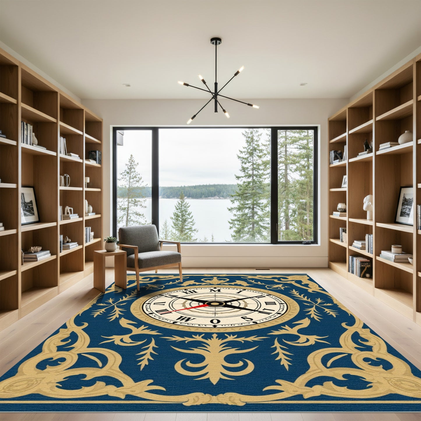 Ornate Blue Gold Compass Medallion Rug