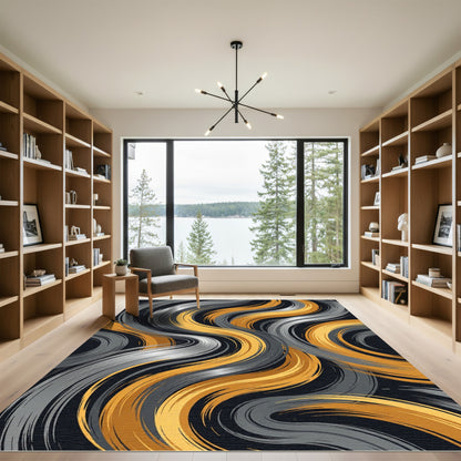 Modern Golden and Silver Wavy Ribbon Rug