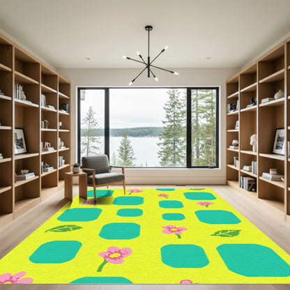 Pink Floral Teal Square Yellow Rug