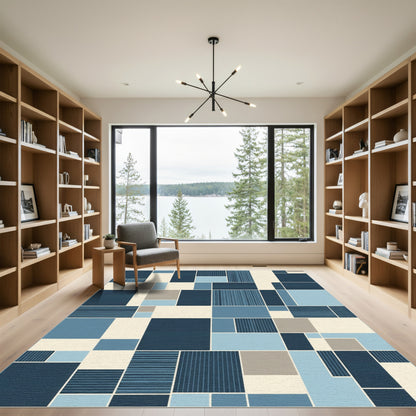 Geometric Blue Beige Block Patchwork Rug