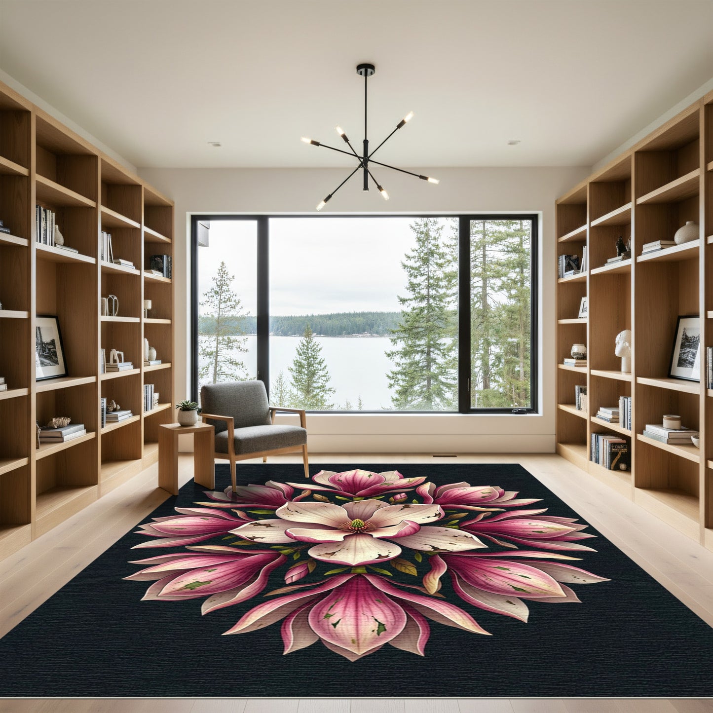 Elegant Pink Magnolia Floral Medallion Rug
