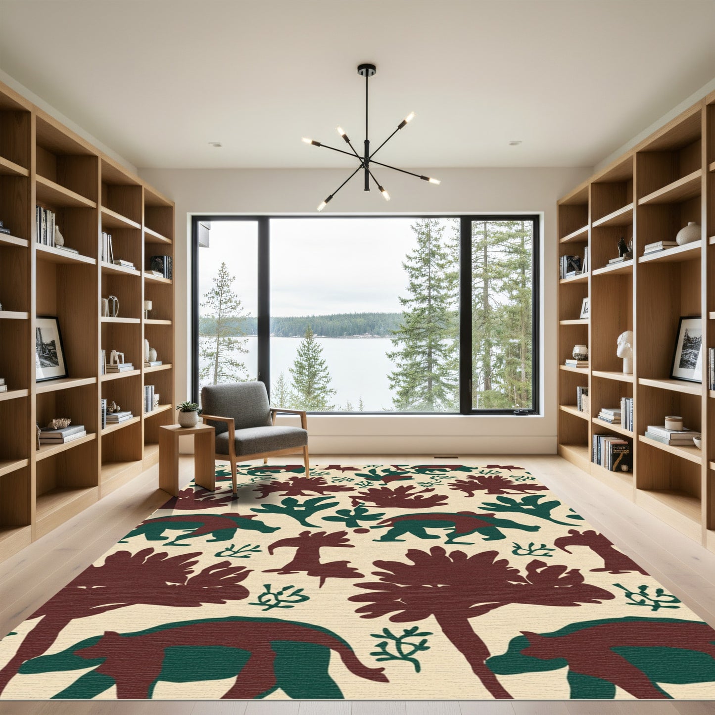 Brown Green Animal Silhouette Landscape Rug