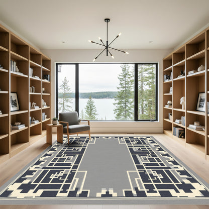 Modern Gray, Cream, Navy Geometric Frame Rug