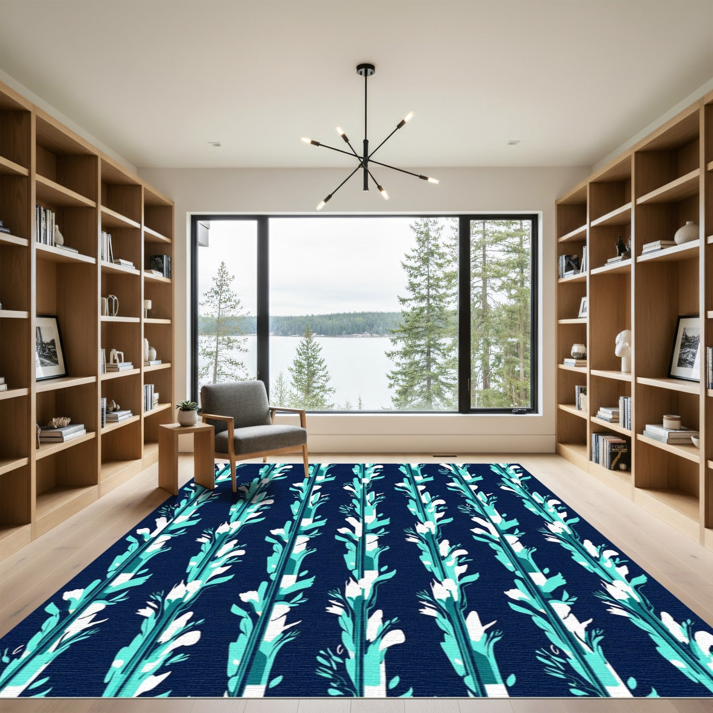 Midnight Blue Teal Vertical Botanical Rug