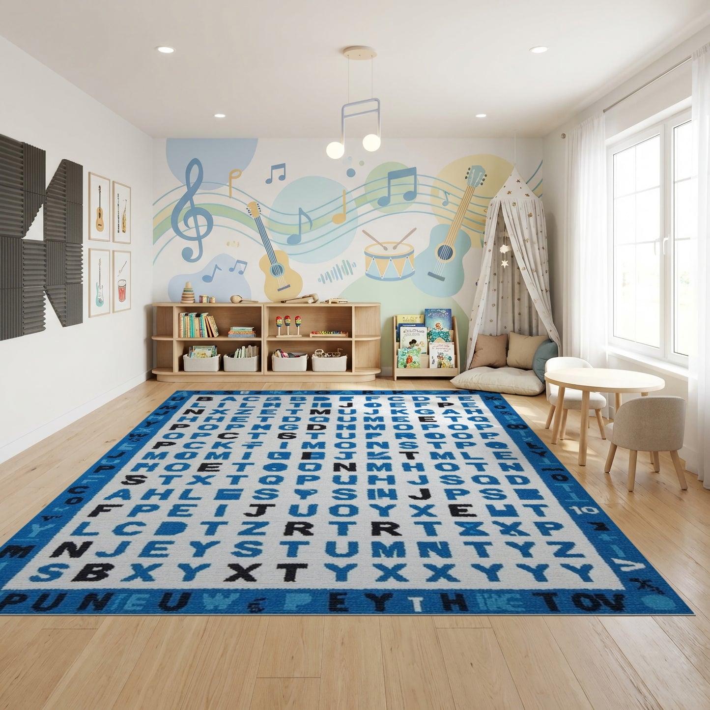 Playful Blue Alphabet Grid Rug