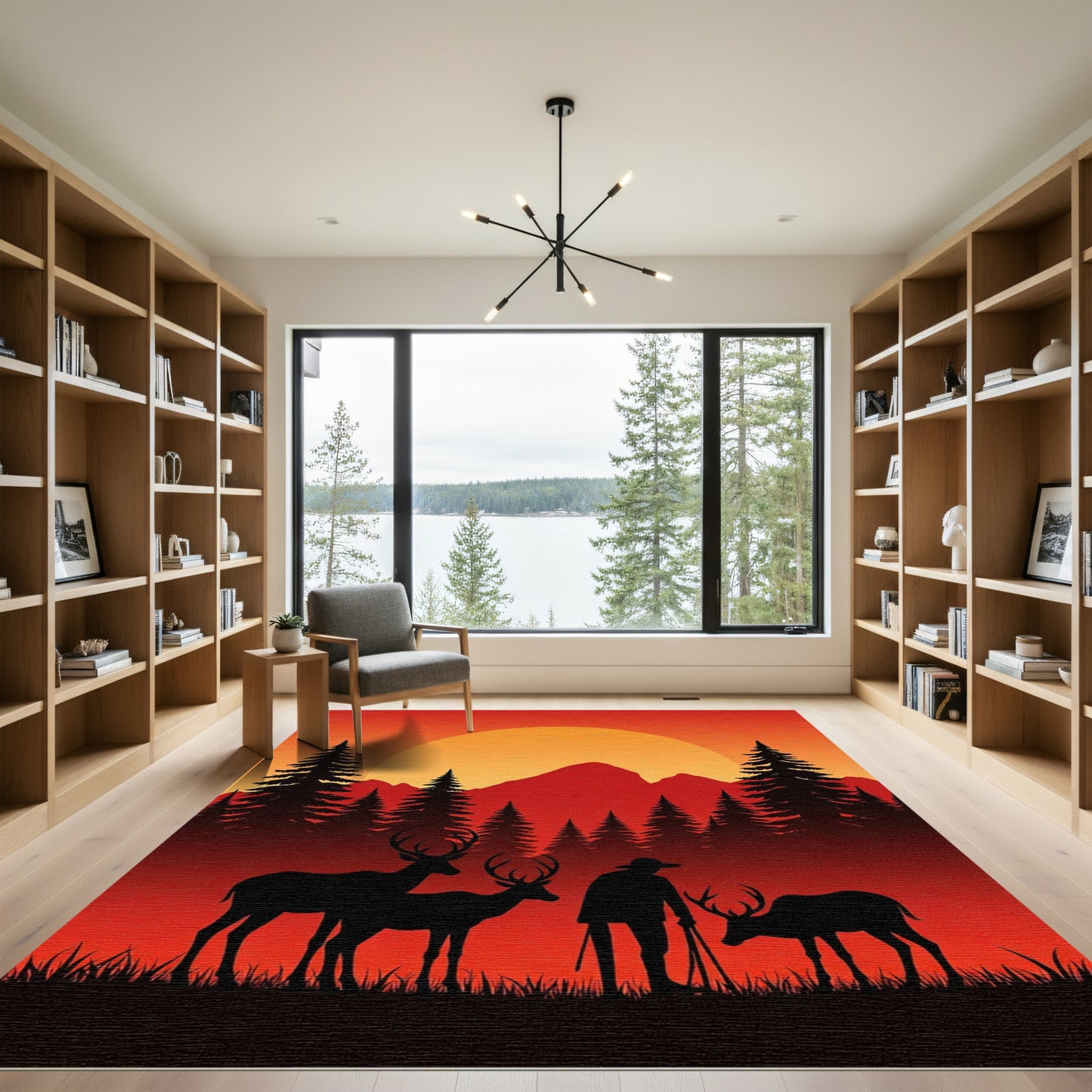 Sunset Deer Hunter Forest Scene Rug