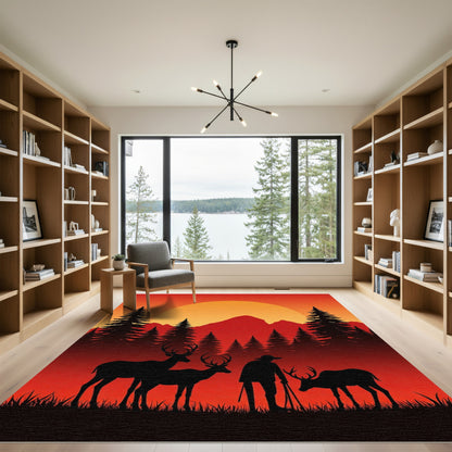 Sunset Deer Hunter Forest Scene Rug