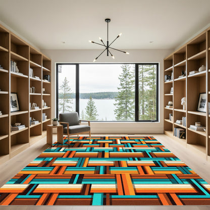 Retro Woven Teal Orange Geometric Check Rug