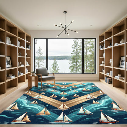 Abstract Teal Nautical Sailboat Chevron Rug