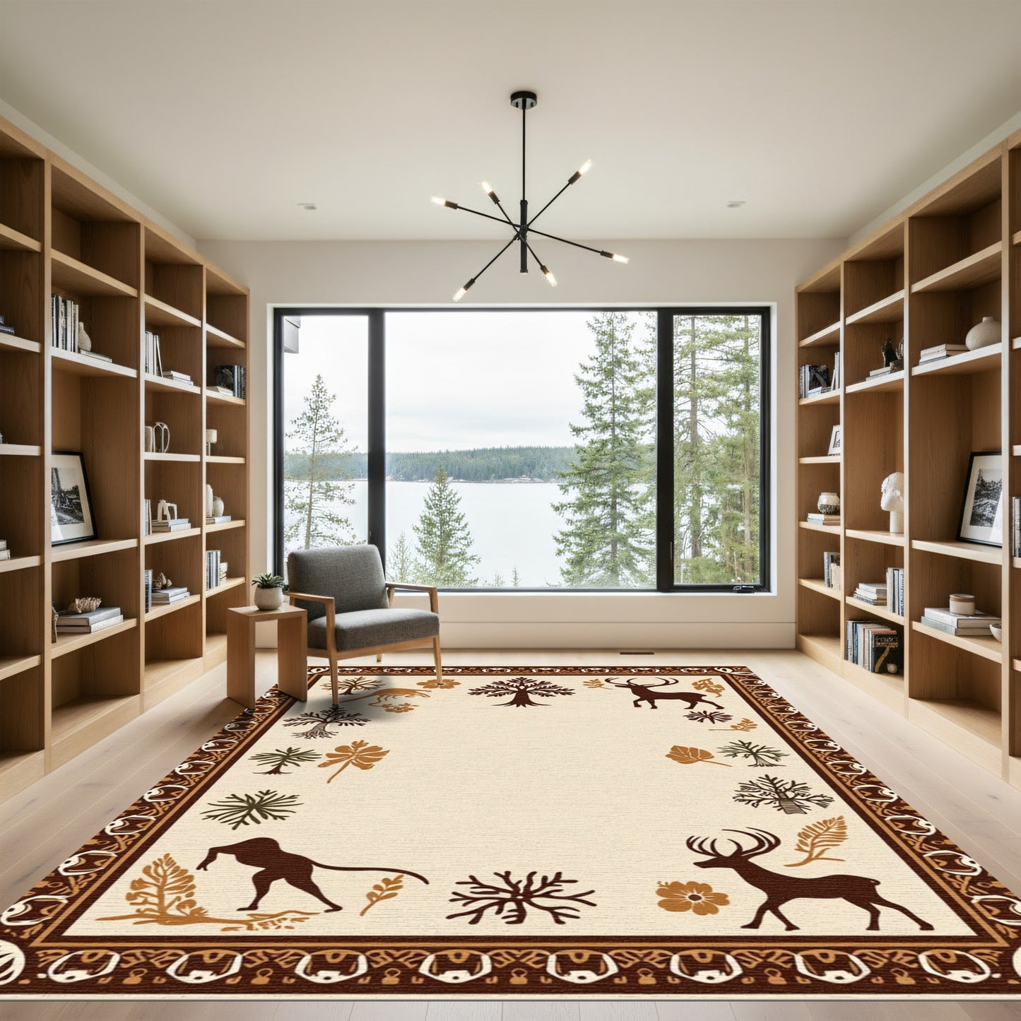 Rustic Brown Wildlife Tree Border Rug