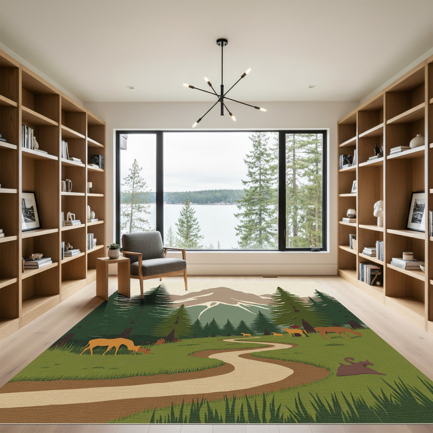 Woodland Deer Path Mountain Landscape Rug