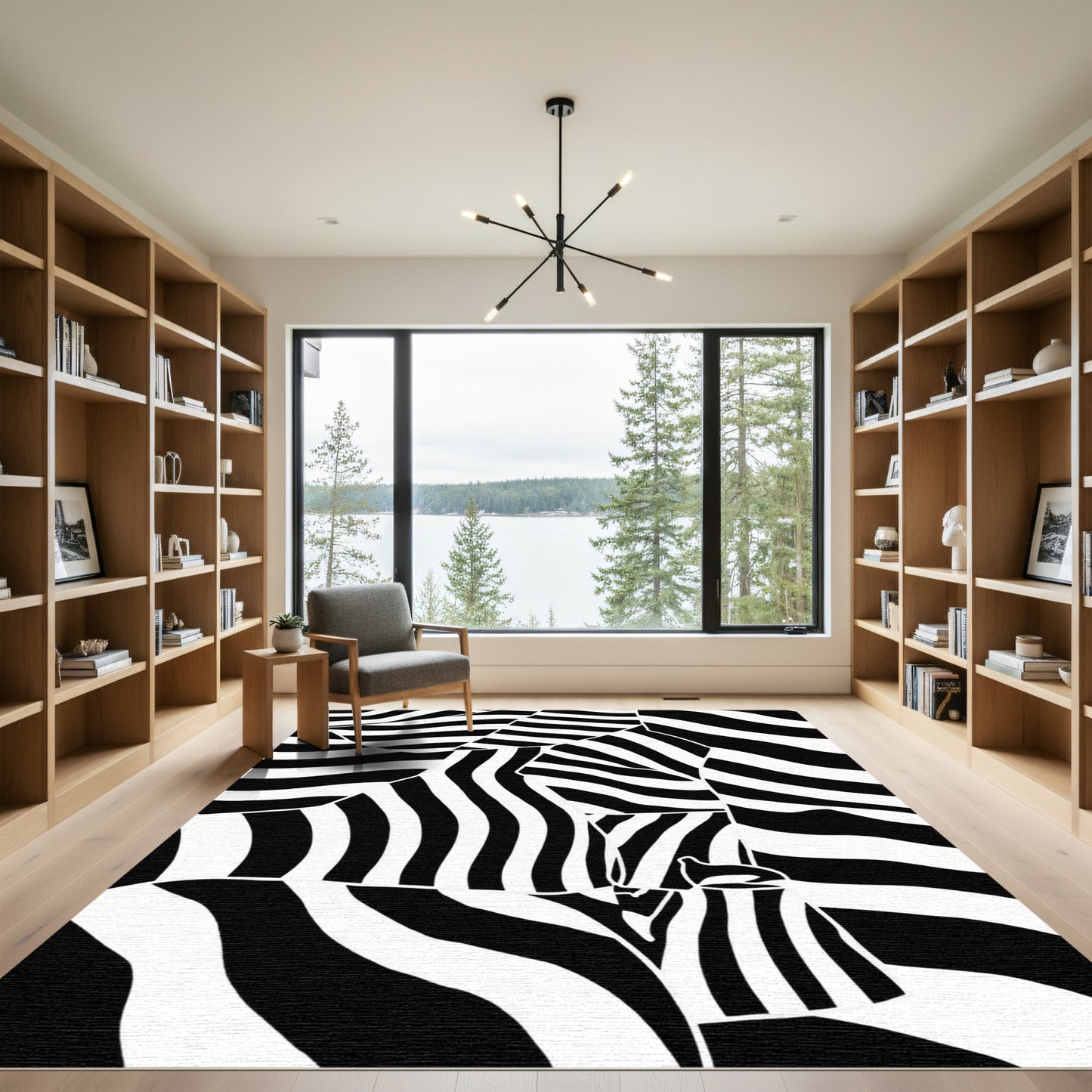 Abstract Black White Wave Stripes Rug