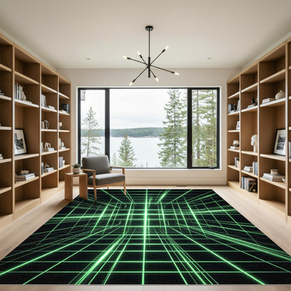 Neon Green Cyber Grid Abstract Lines Rug