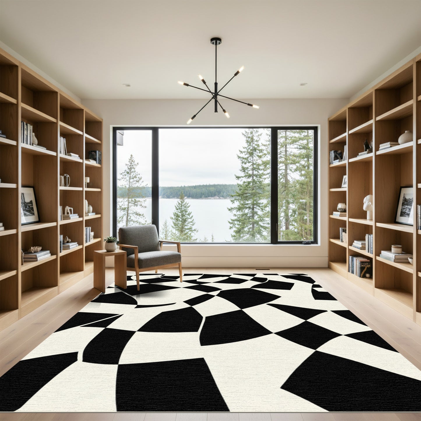 Black White Warp Checkered Abstract Layout Rug