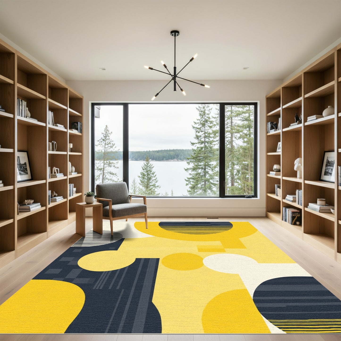 Abstract Yellow Circles Blue Shapes Rug