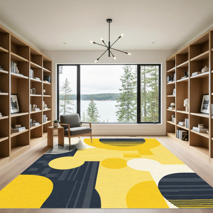 Abstract Yellow Circles Blue Shapes Rug