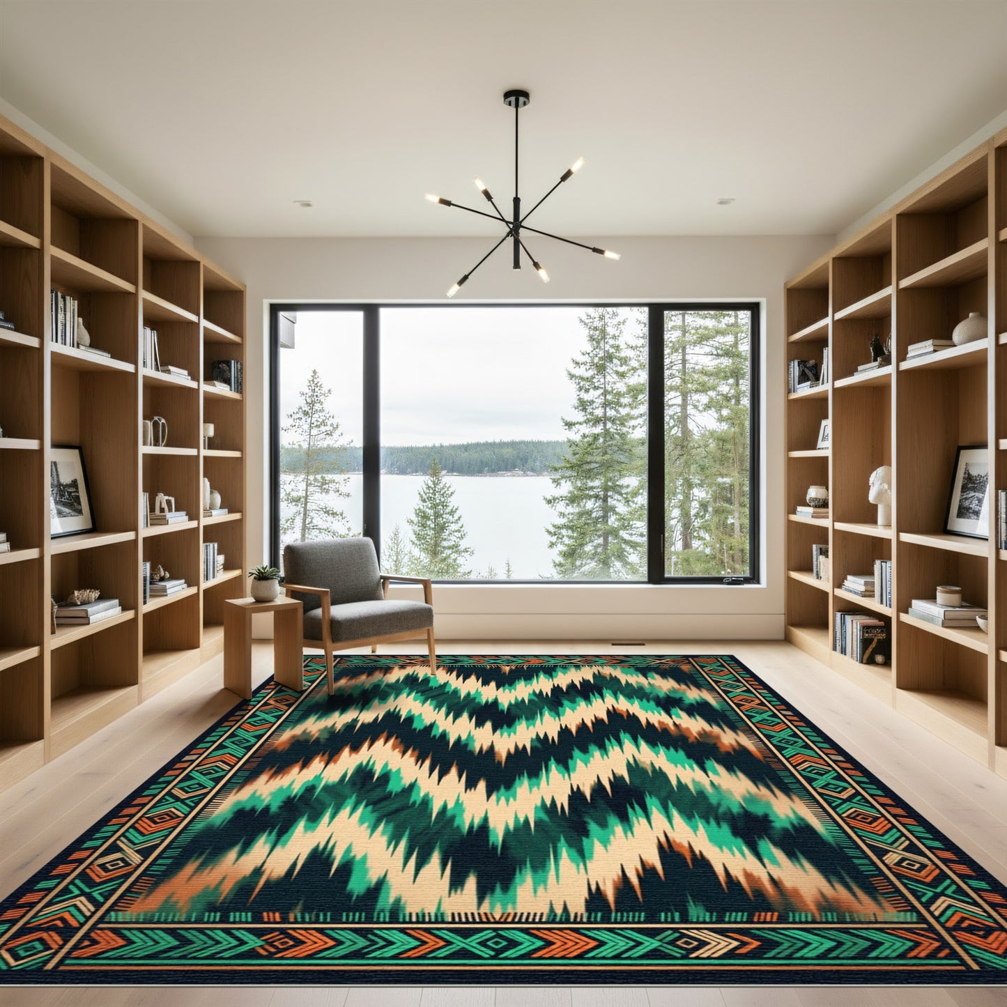 Teal and Ochre Ikat Chevron Area Rug