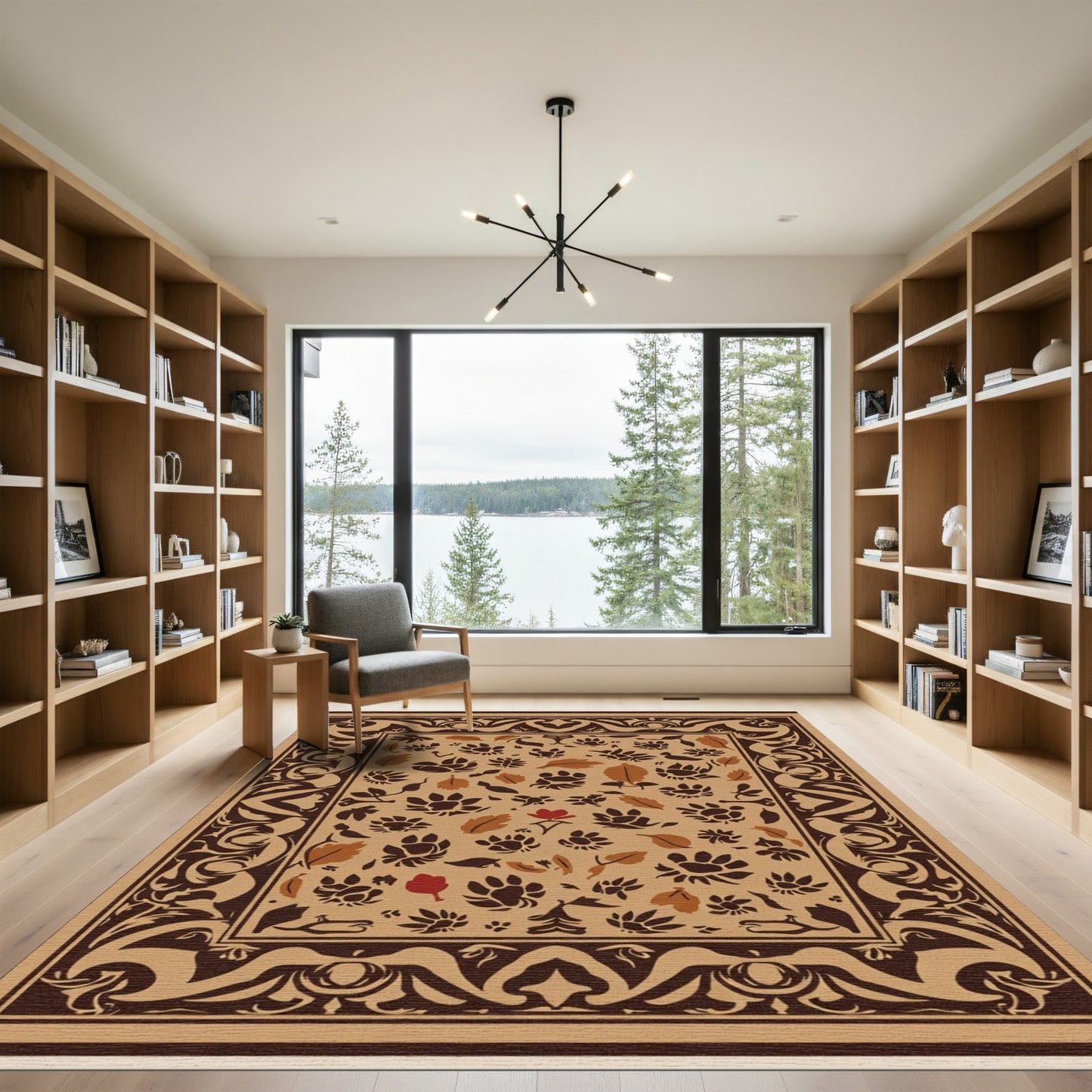Earthy Brown Floral Paw Print Border Rug