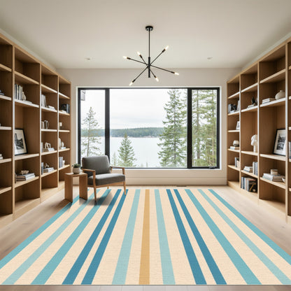 Coastal Blues And Tan Vertical Stripes Rug
