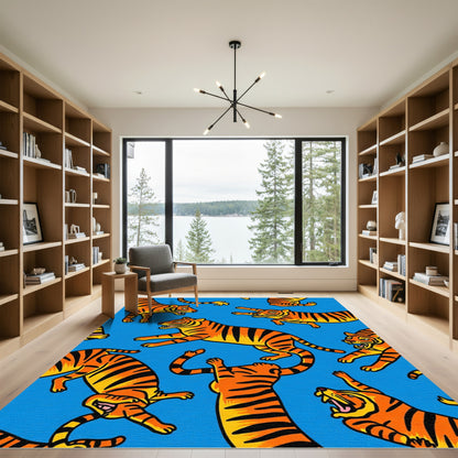 Fiery Orange Tigers Blue Playful Scene Rug