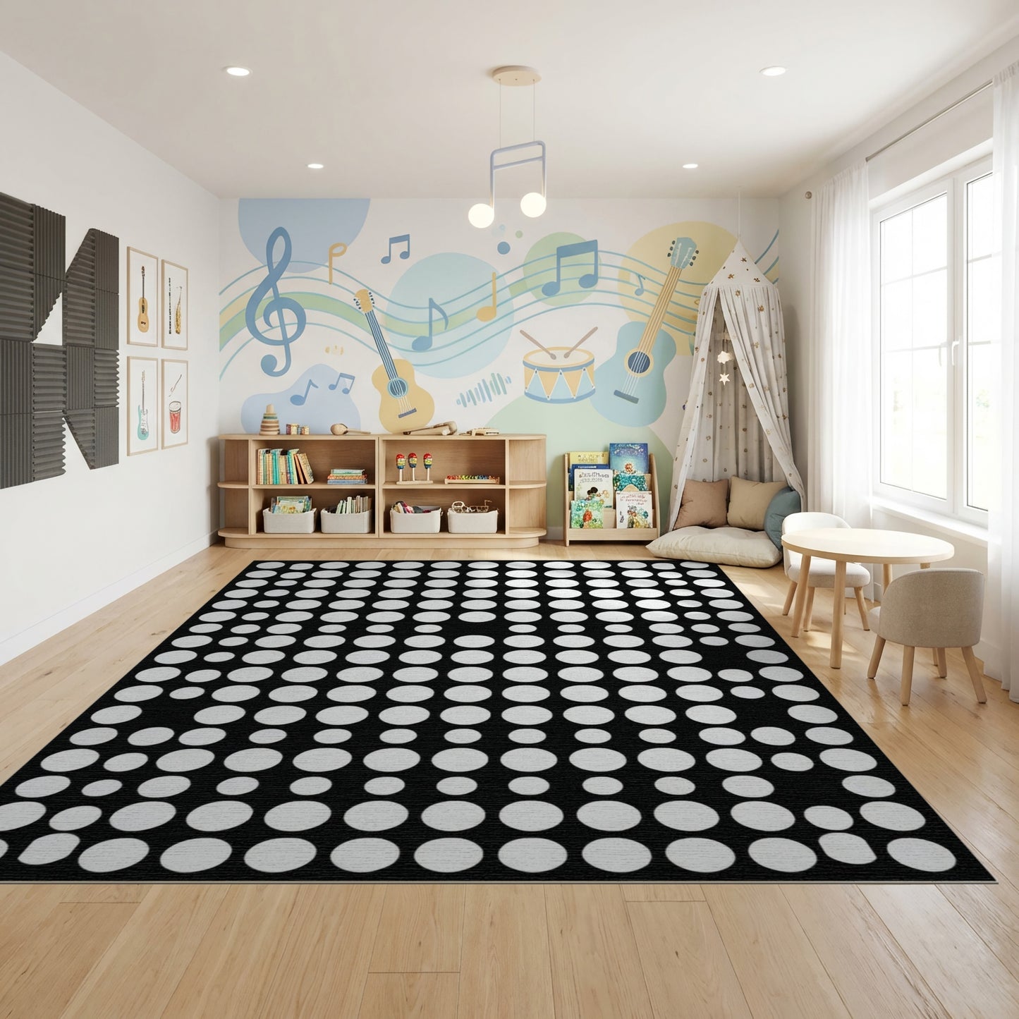 Modern Black White Dot Grid Rug