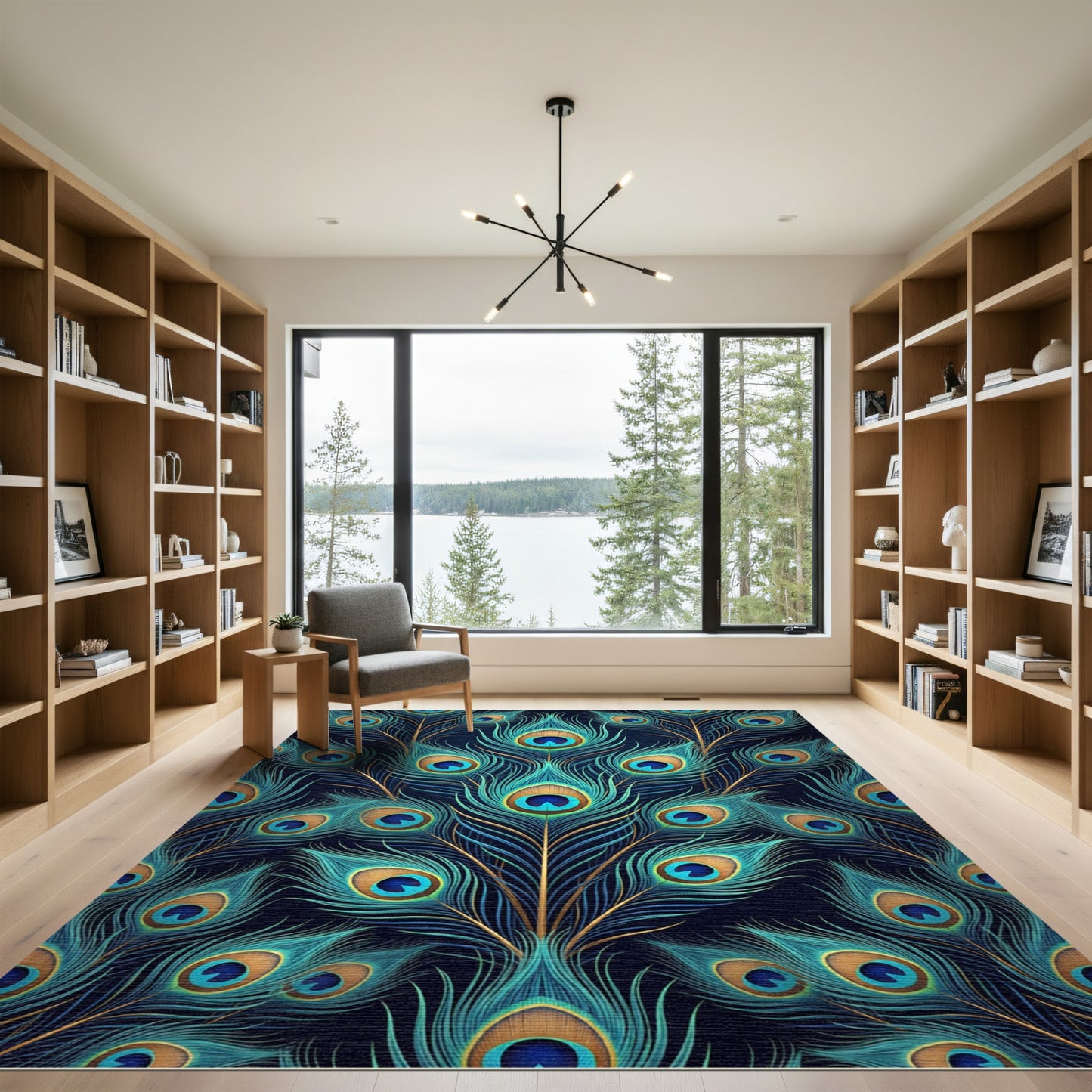 Teal Blue Golden Peacock Feather Spread Rug