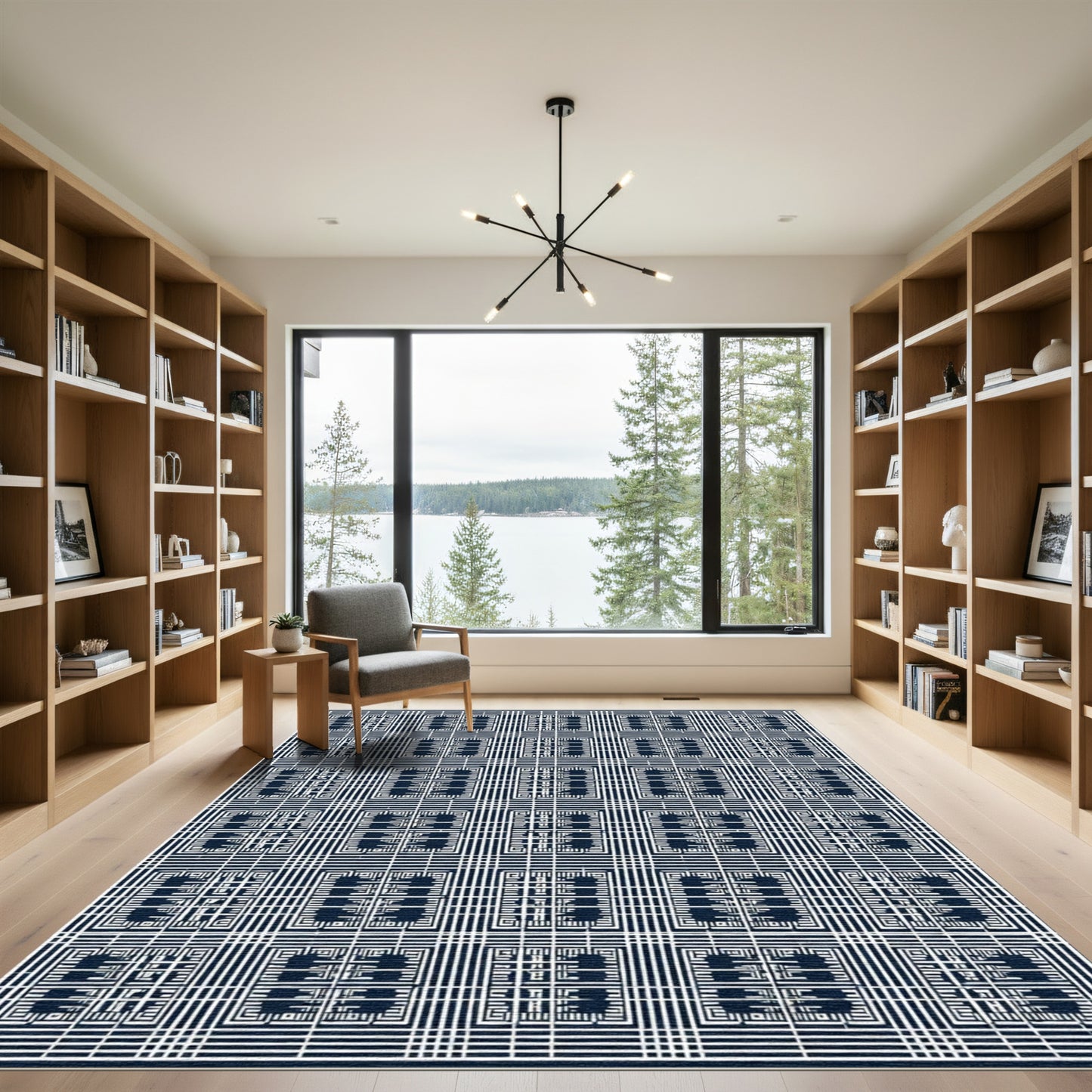 Classic Dark Blue Geometric Grid Rug