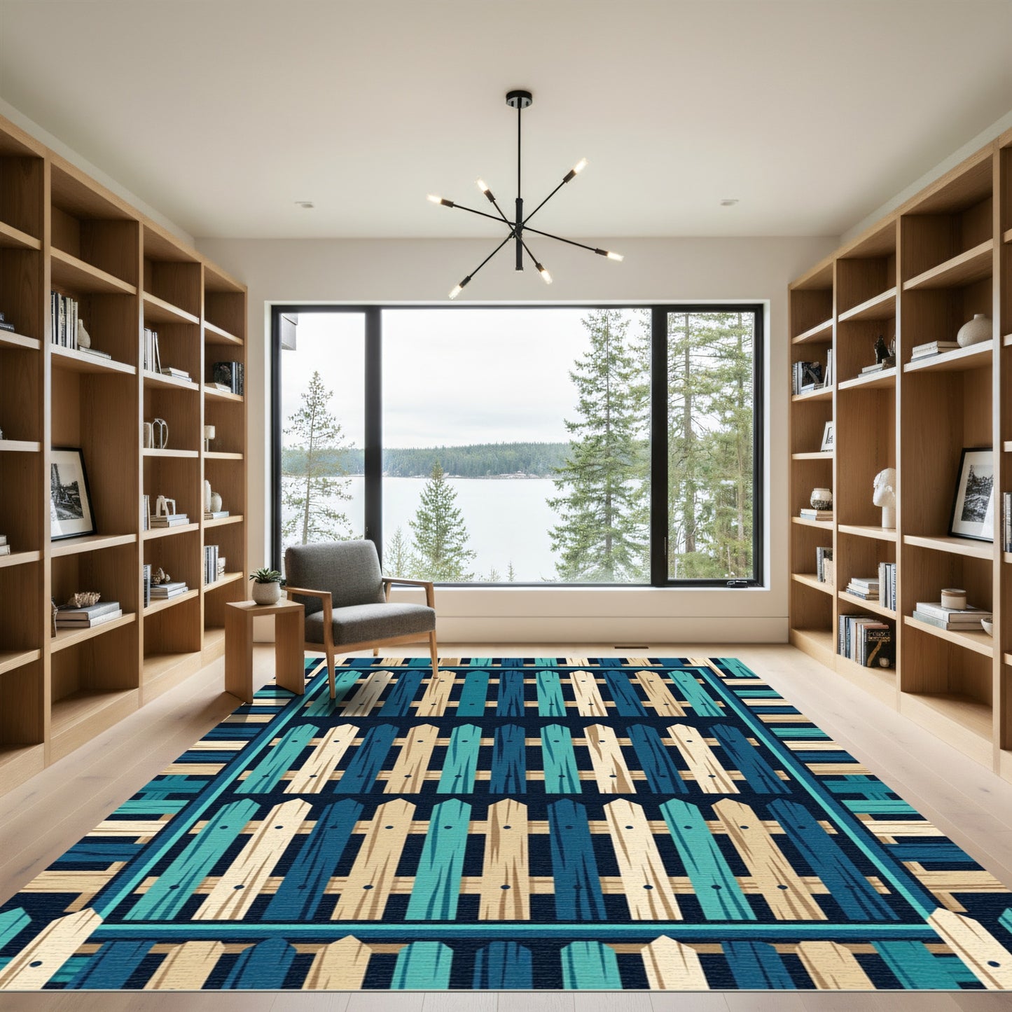 Coastal Blue Wooden Fence Stripes Rug