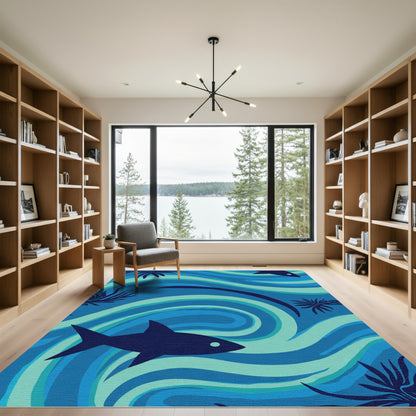 Blue Shark Swirl Palm Leaf Rug