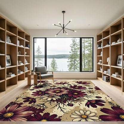 Maroon White Floral Bouquet Background Rug