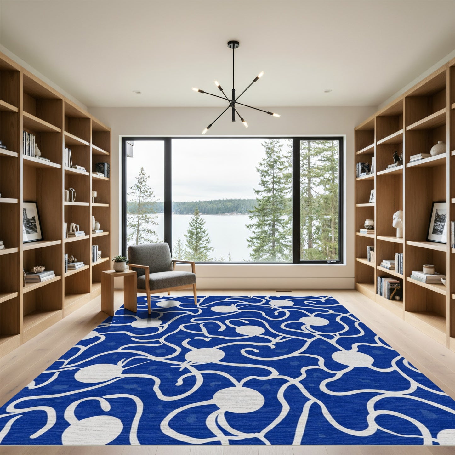 Abstract Blue White Botanical Flow Rug